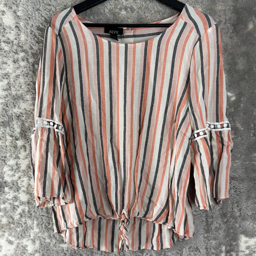 ALyx Size L Striped Linen Blend Casual Top Orange Pullover Tie Front
